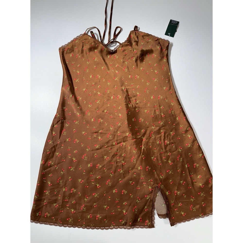 NWT Wild Fable Tie Back Slip Dress Shiny Brown Floral Satin with Lace Sz Large‎ - Picture 2 of 9